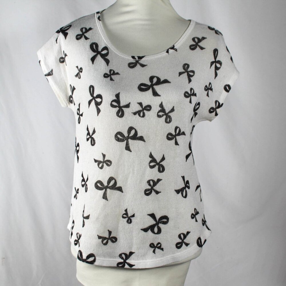 White Knit Bow Print Blouse – Size Large, Jessica Day-Inspired, Business Casual
